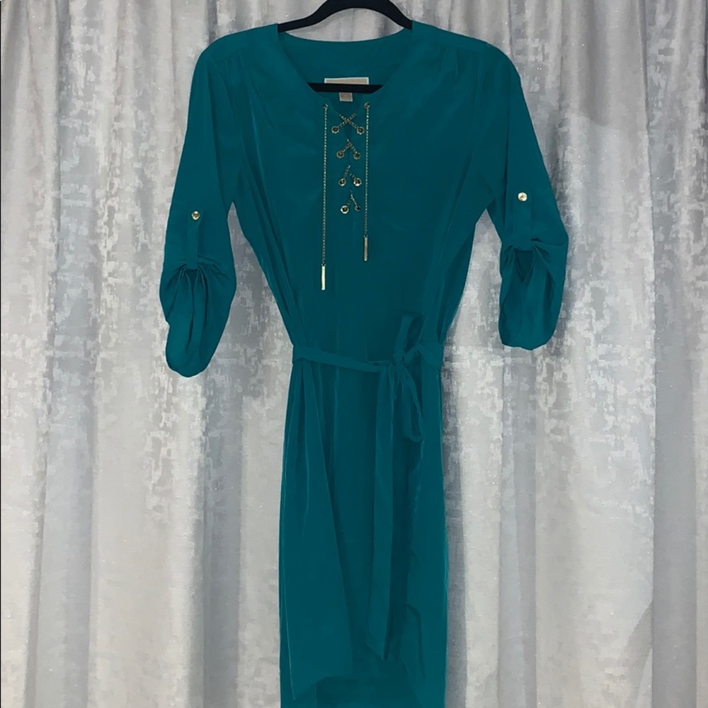 michael kors blue dress with gold chain Michael Michael Kors chain-strap Ribbed Midi Dress | Blue